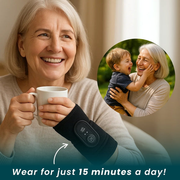 Woman Wearing the theraband while drinking a cup of coffee
